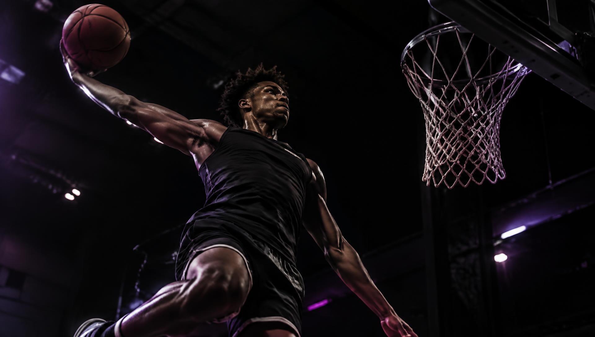 Basketball player rising for a dunk